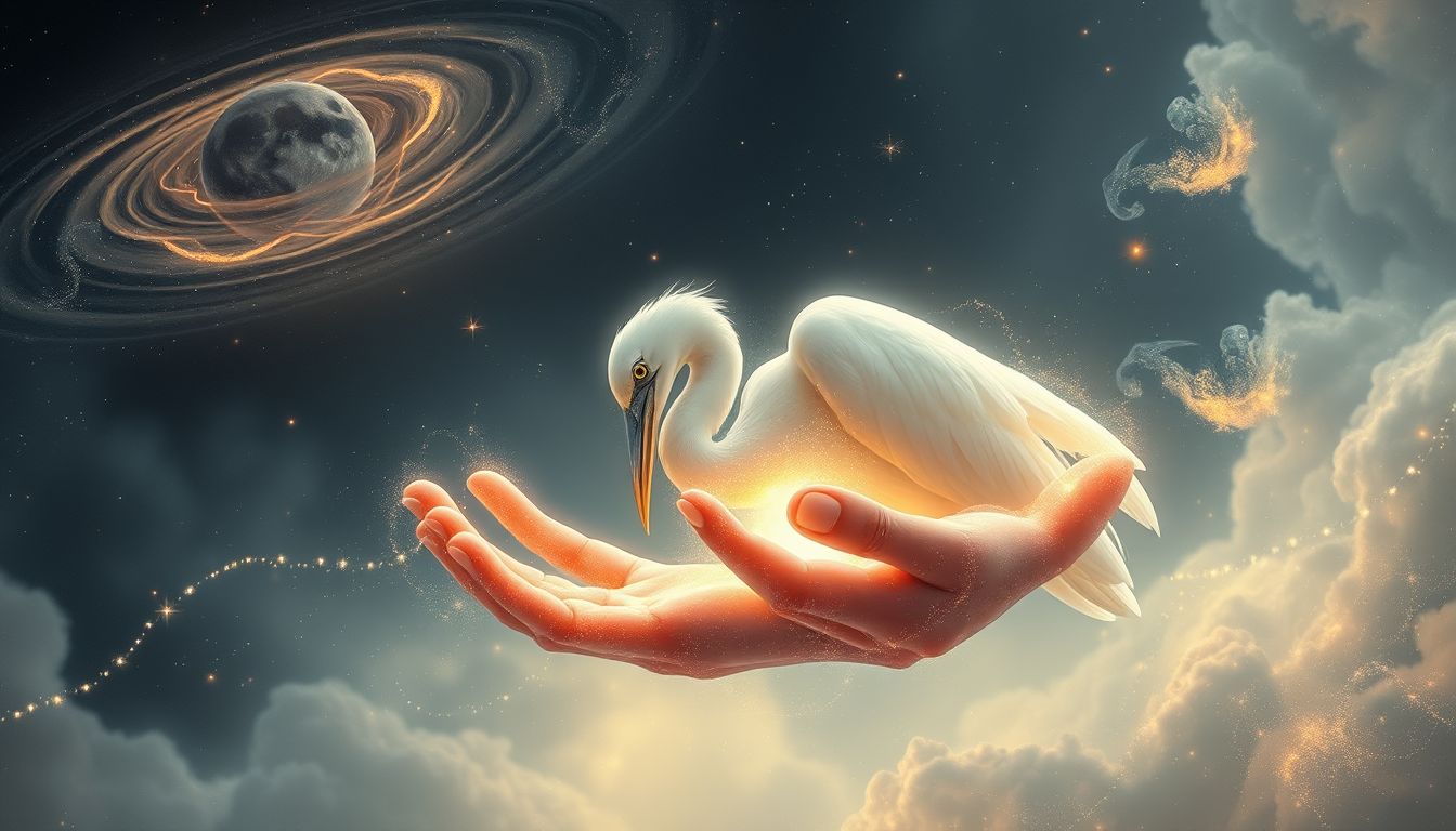 Ein verletzter Reiher symbolisiert innere Verletzlichkeit und Heilungsbedarf.