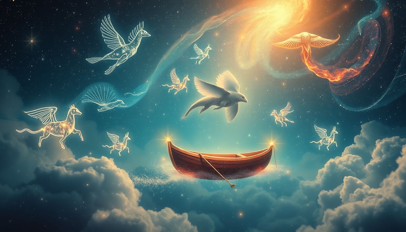 Eine Jolle mit Tieren symbolisiert Schutz und innere Harmonie im Traum.
