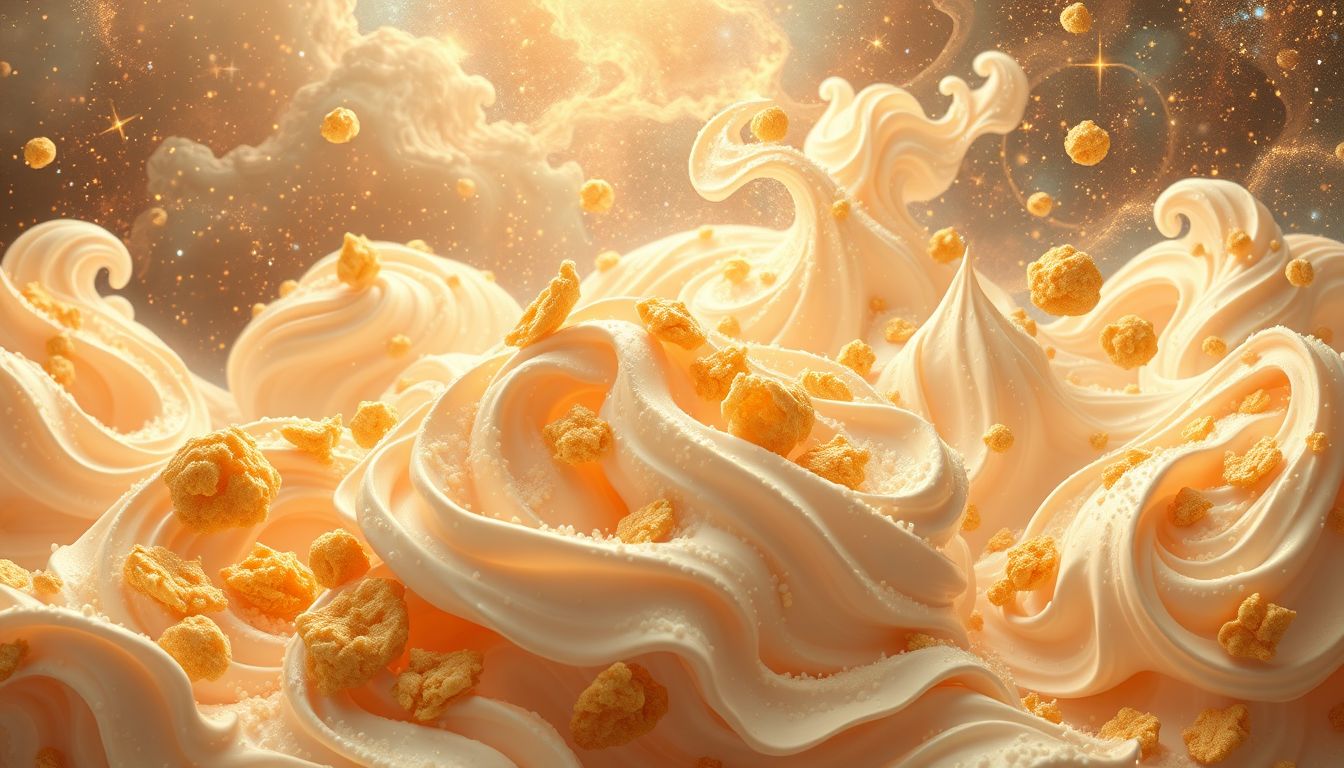 Streuselkuchen mit Sahne im Traum symbolisiert luxuriöse Genussmomente und Zufriedenheit.