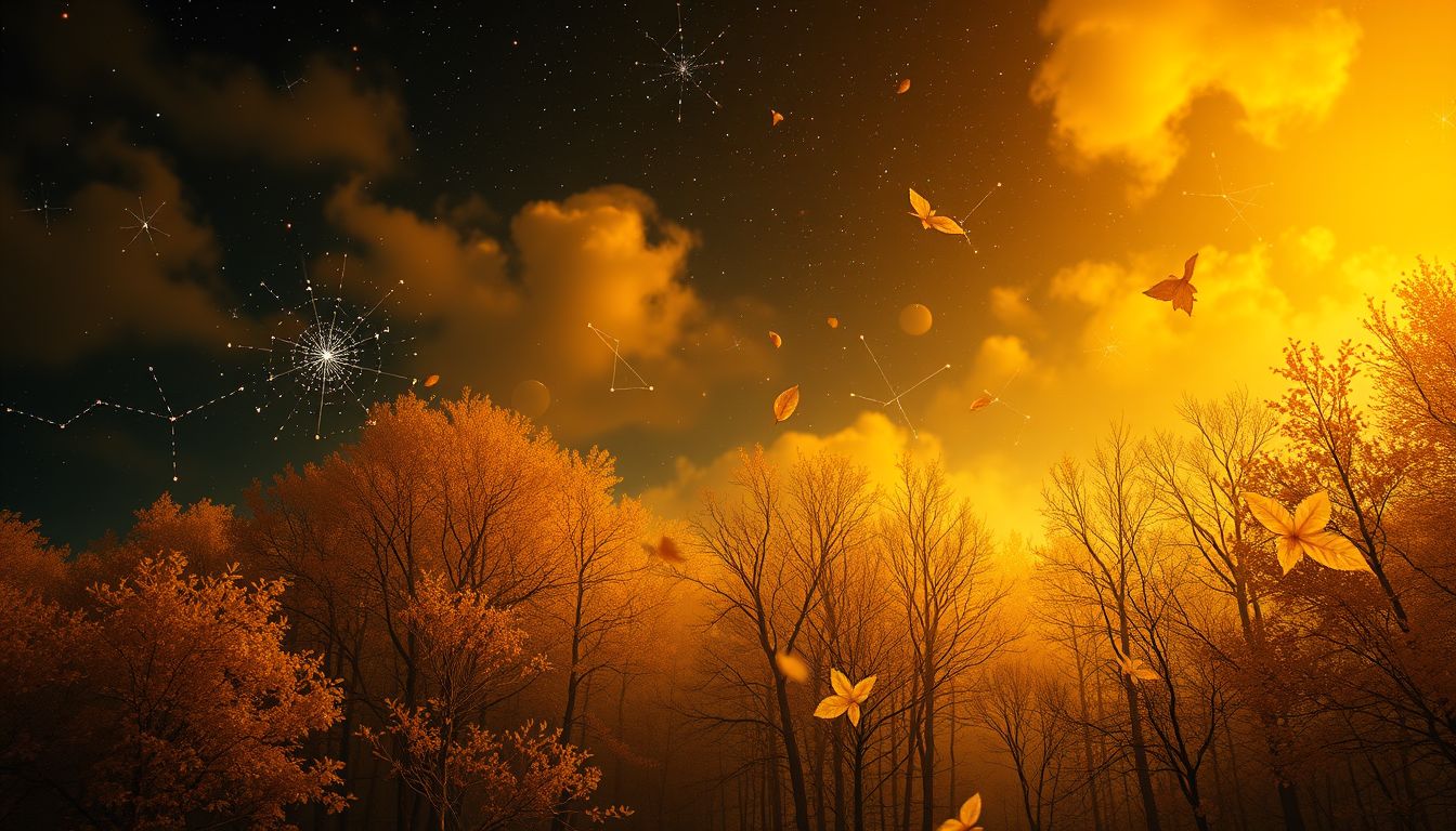 Ein goldener Herbstwald symbolisiert Lebenszyklus und innere Ruhe.
