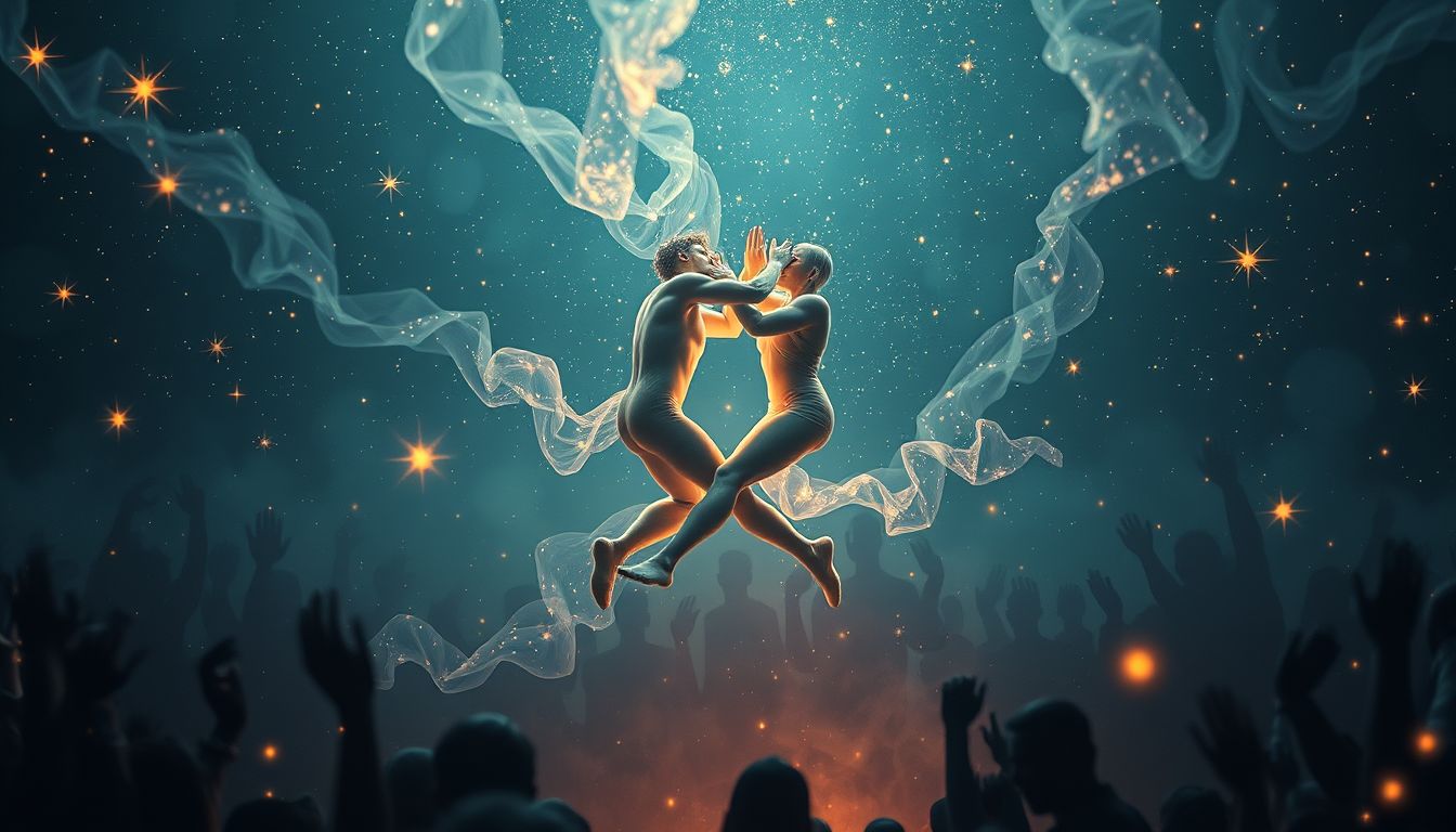 Ein Ringkampf in Menschenmenge symbolisiert innere Konflikte und Öffentlichkeit.