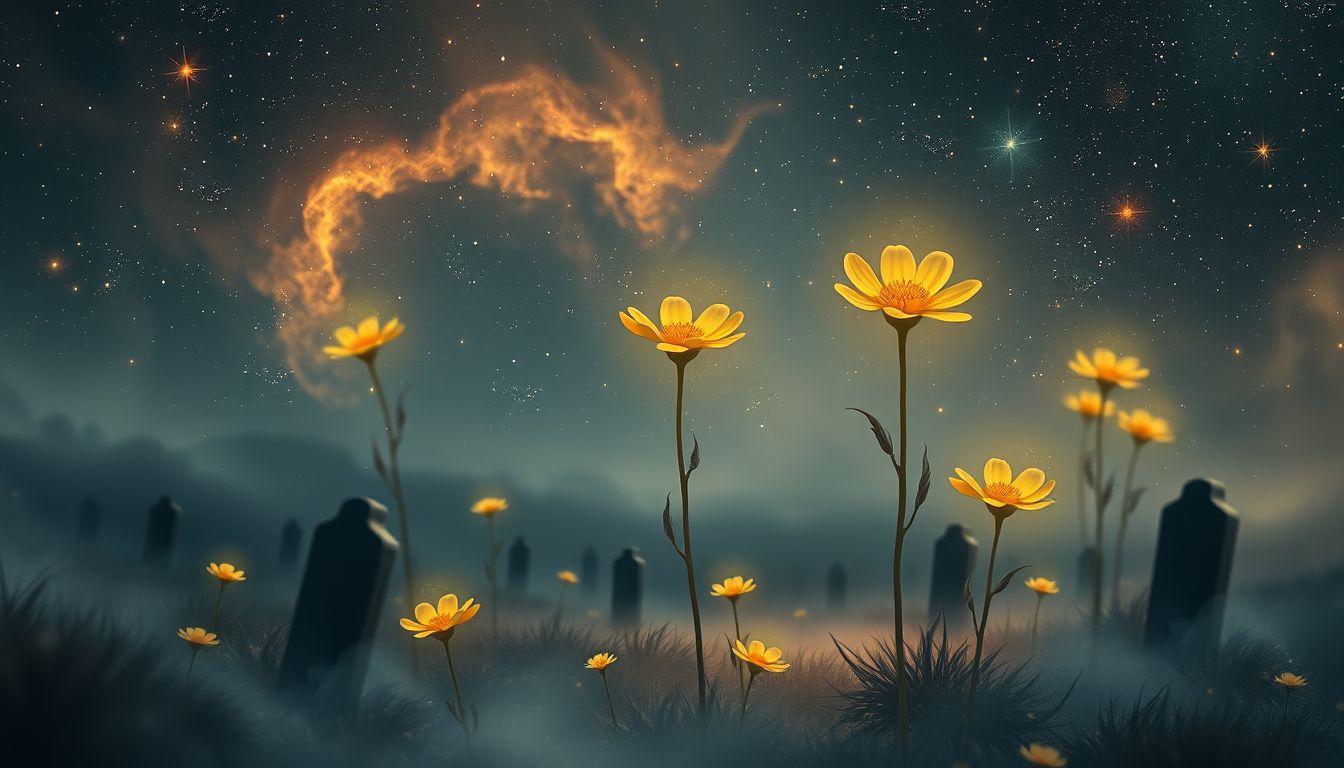 Sumpf-Ringelblumen auf Friedhof symbolisieren Transformation und vergängliche Schönheit.