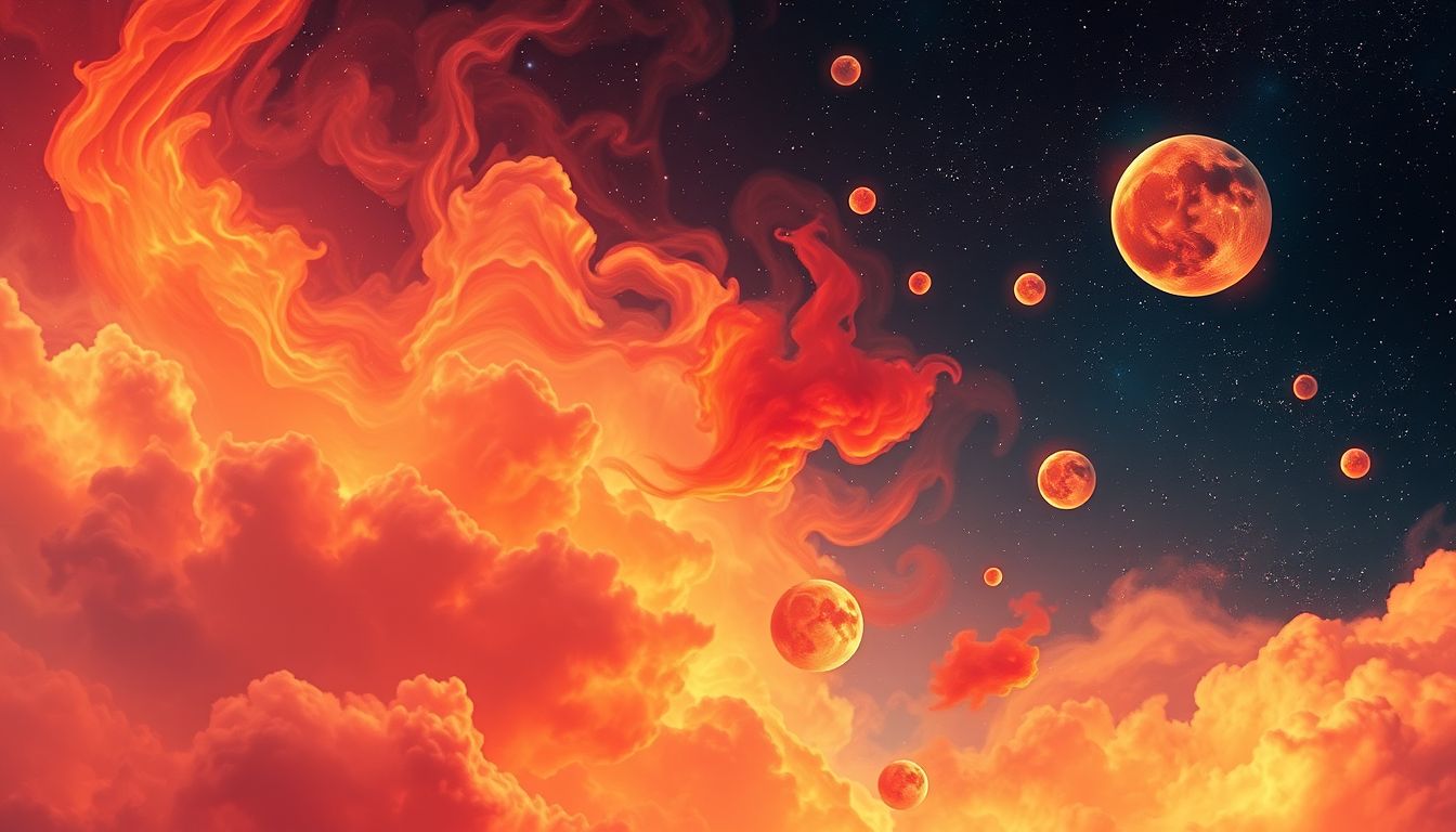 Rote, orange und gelbe Farben symbolisieren Leidenschaft und Wandel im Traum.