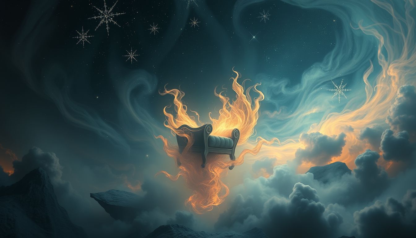 Ein brennender Geburtsstuhl symbolisiert schmerzhafte, aber transformative Veränderungen.