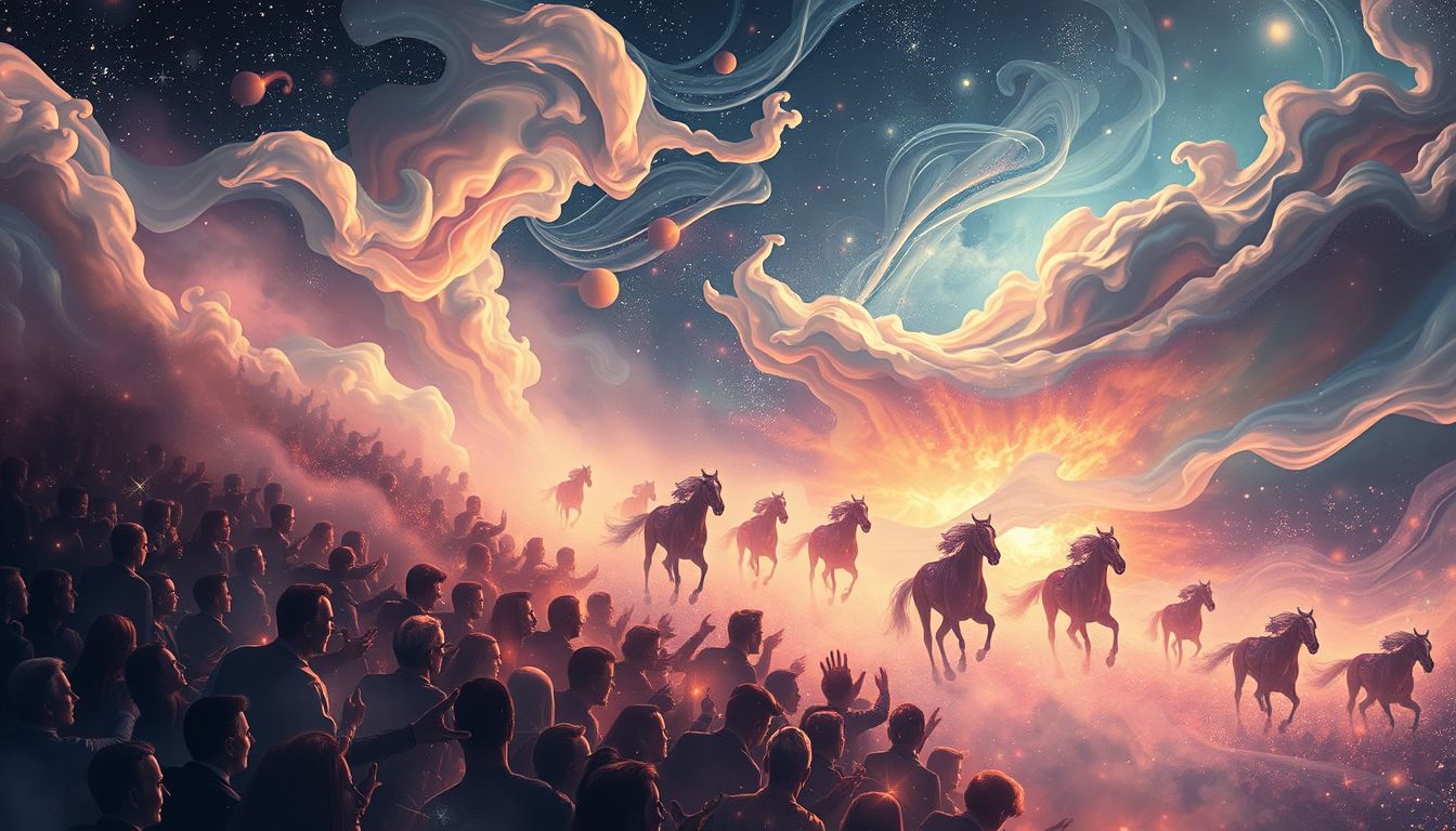 Eine überfüllte Pferderennbahn symbolisiert soziale Herausforderungen und Wettbewerb.