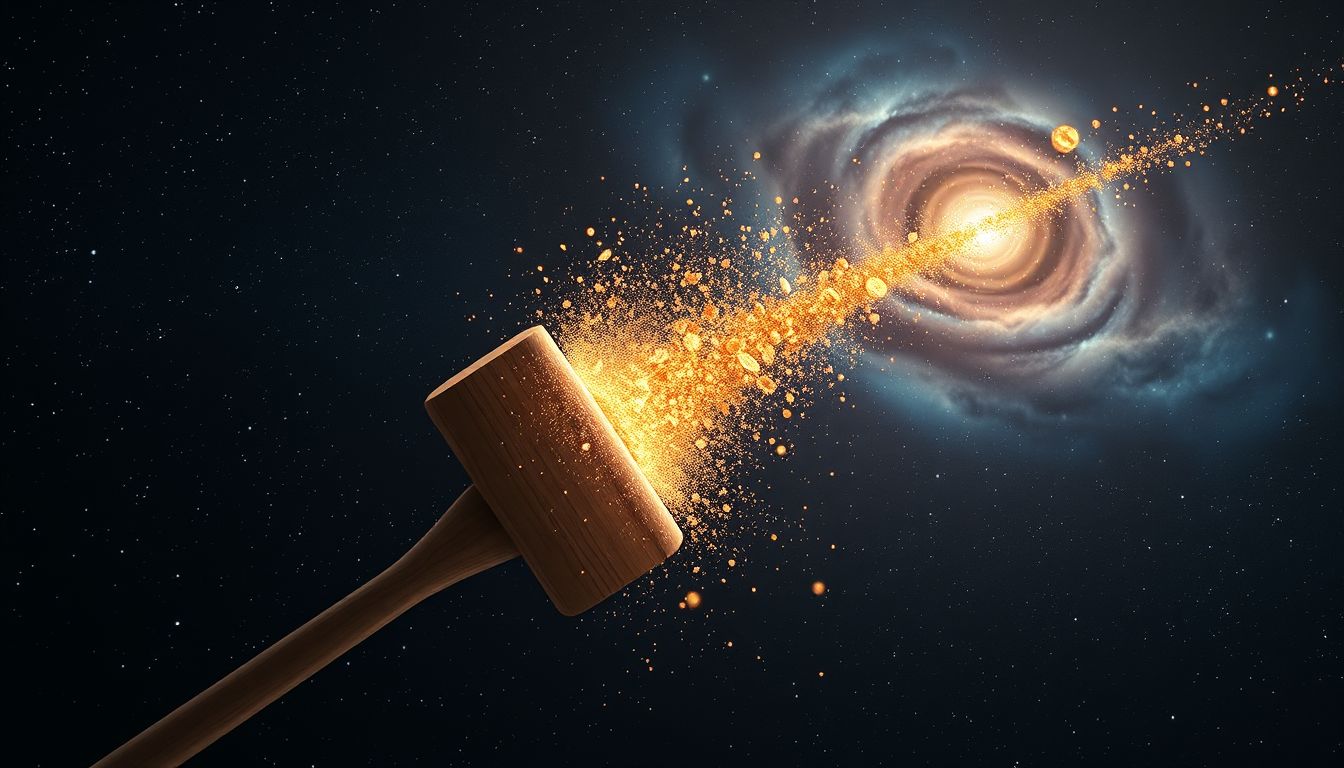 Ein zerfallender Holzhammer symbolisiert zerbrechende Kraft und Kontrolle.