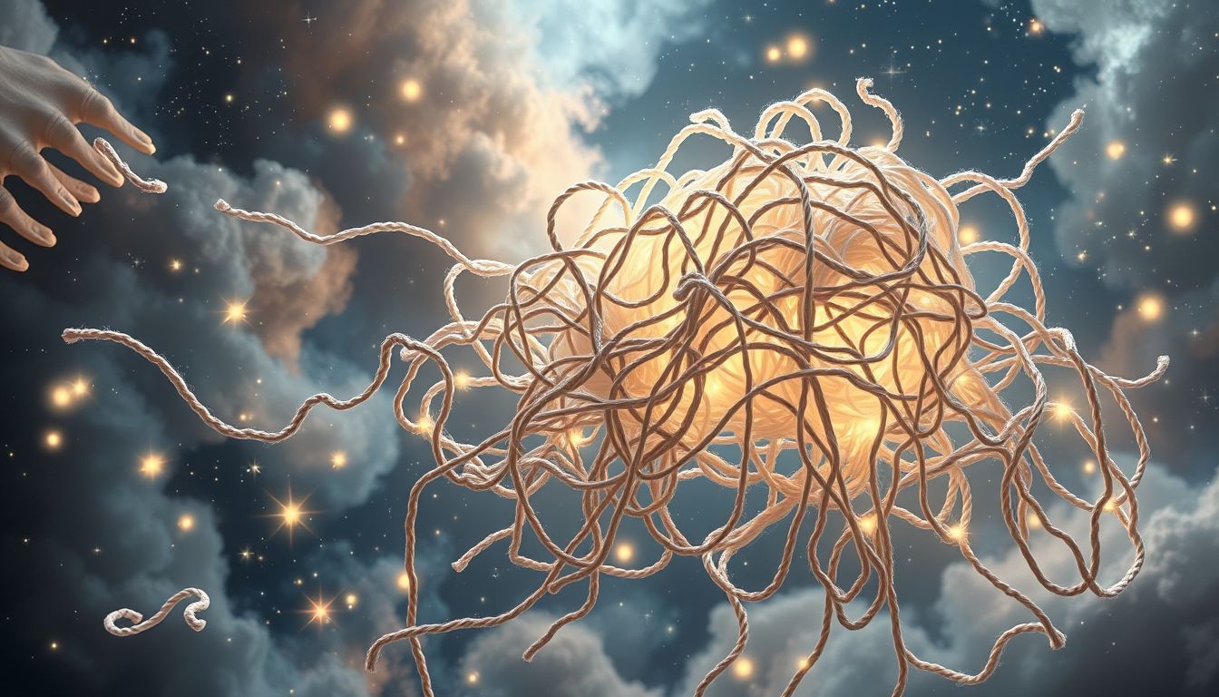 Ein verknotetes Häkelstück symbolisiert innere Konflikte und Unordnung.