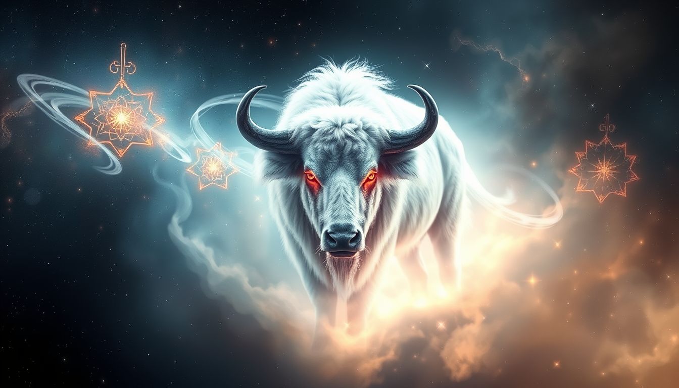 Ein weißer Büffel mit roten Augen symbolisiert besondere spirituelle Kraft.