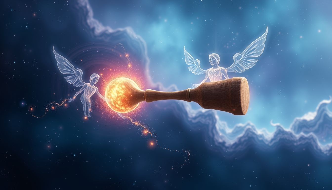 Ein von Geistern geführter Holzhammer symbolisiert innere Stärke und Schutz.