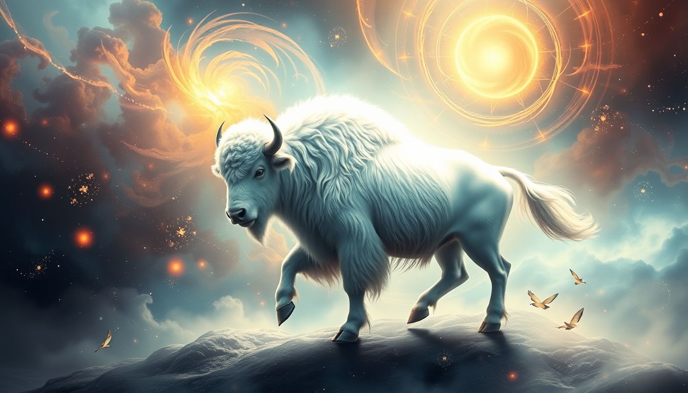 Ein tanzender weißer Büffel symbolisiert spirituelle Erneuerung und Freiheit.