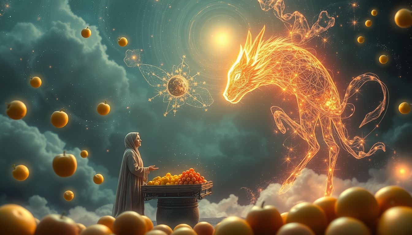 Ein Obsthändler, der mit einem Tier spricht, symbolisiert innere Weisheit.