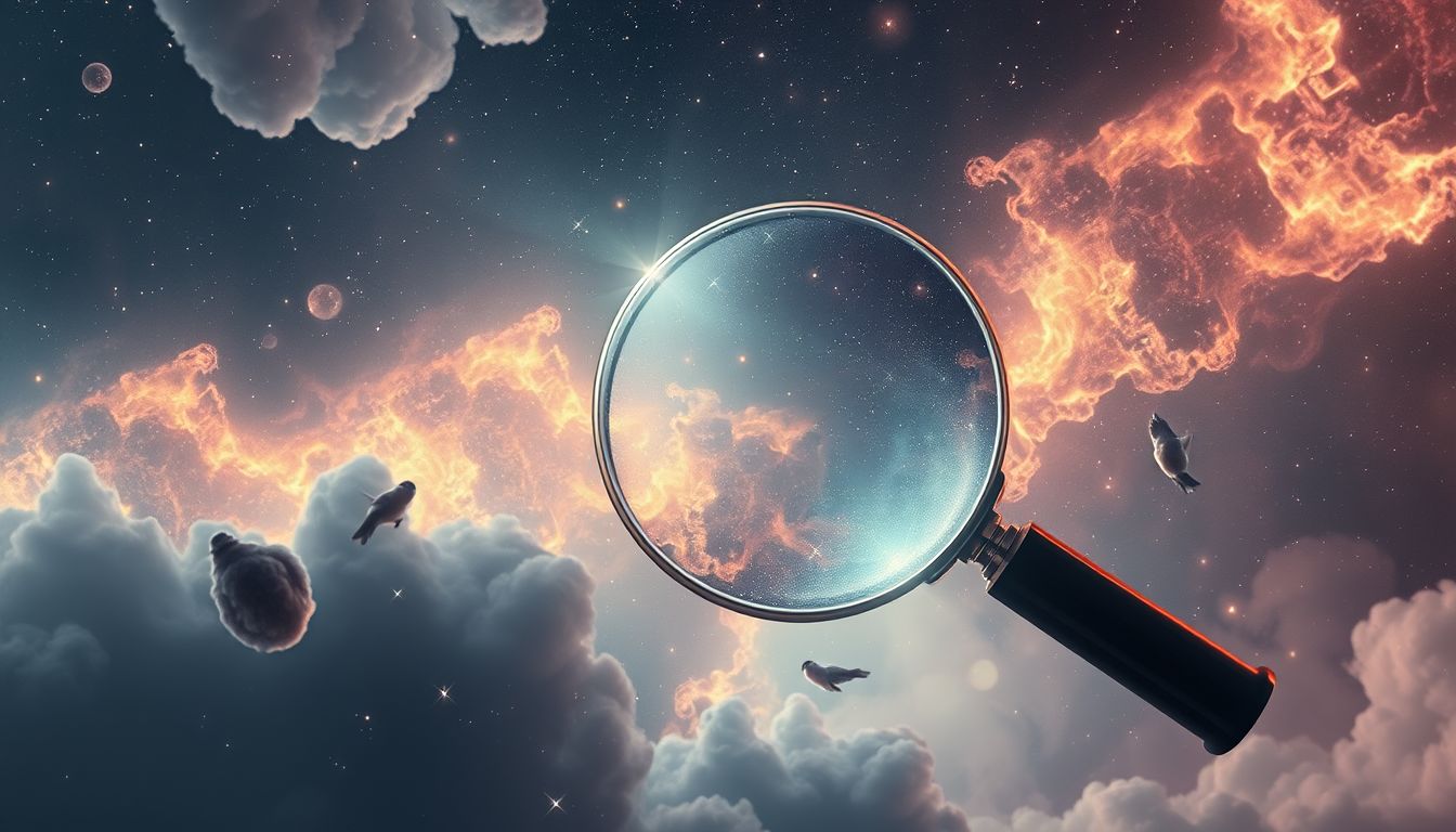Ein riesiges Vergrößerungsglas symbolisiert intensive Selbstreflexion und Klarheit.