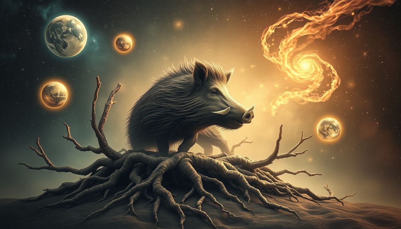 Das Wildschwein symbolisiert starke Erdverbundenheit und Überlebensinstinkt.