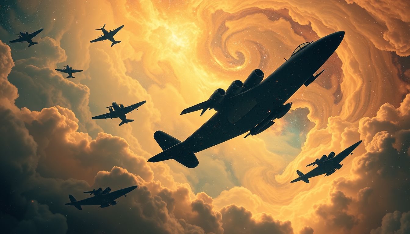 Ein Hangar voller Kriegsflugzeuge symbolisiert unterdrückte innere Konflikte.