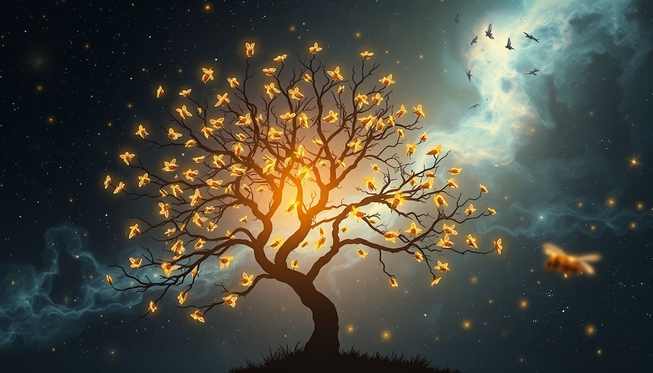 Ein Bienenschwarm im Baum symbolisiert neue Gemeinschaft und Wachstum.