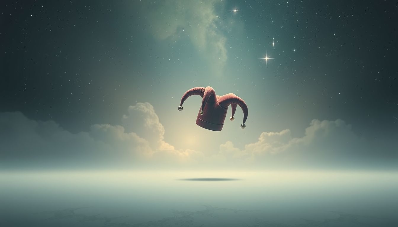 Eine Narrenkappe im leeren Raum symbolisiert innere Unsicherheit und Isolation.