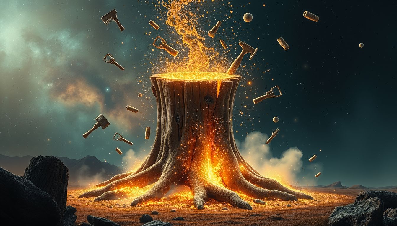 Der Versuch, Baumstümpfe zu entfernen, symbolisiert innere Konflikte lösen.