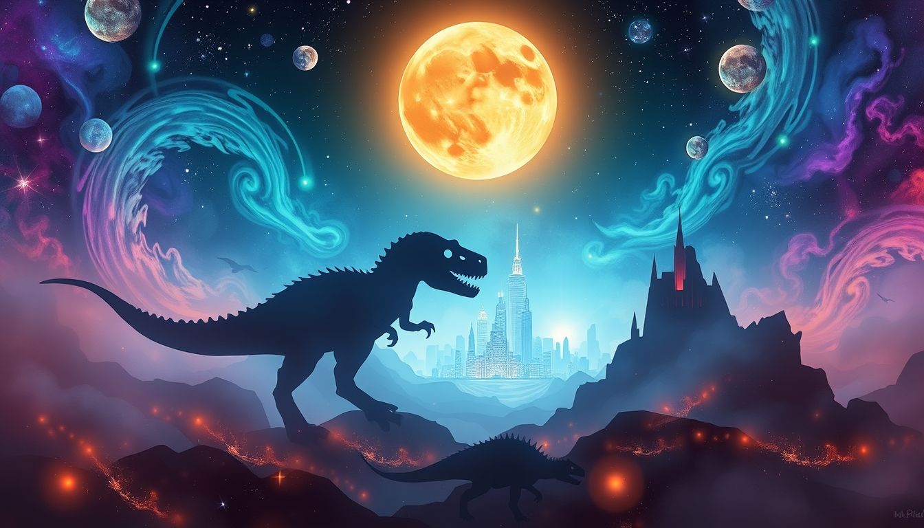 Dinosaurier in der Stadt symbolisieren uralte Kraft im Alltag.