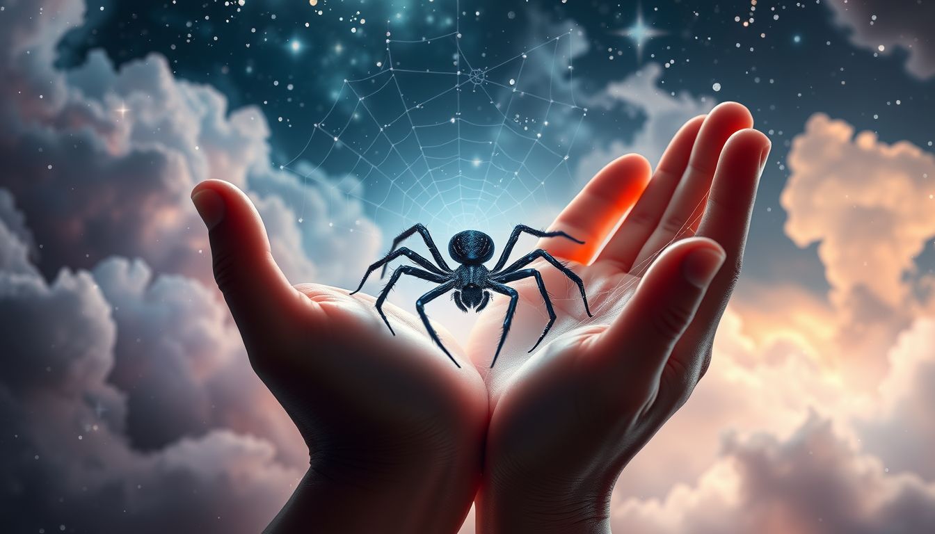 Eine schwarze Spinne als Haustier symbolisiert die Überwindung innerer Ängste.
