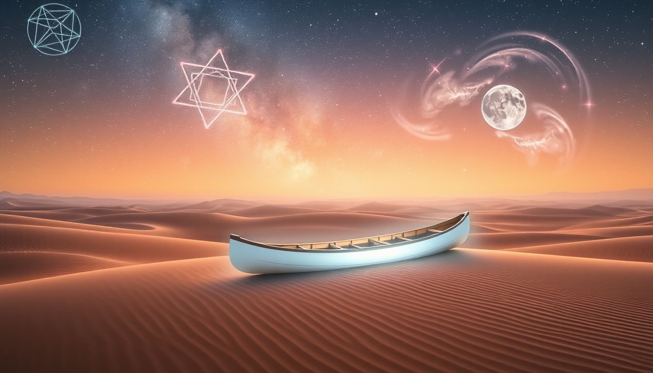 Ein Kanu in der Wüste symbolisiert unerwartete Lebenswege und Anpassung.