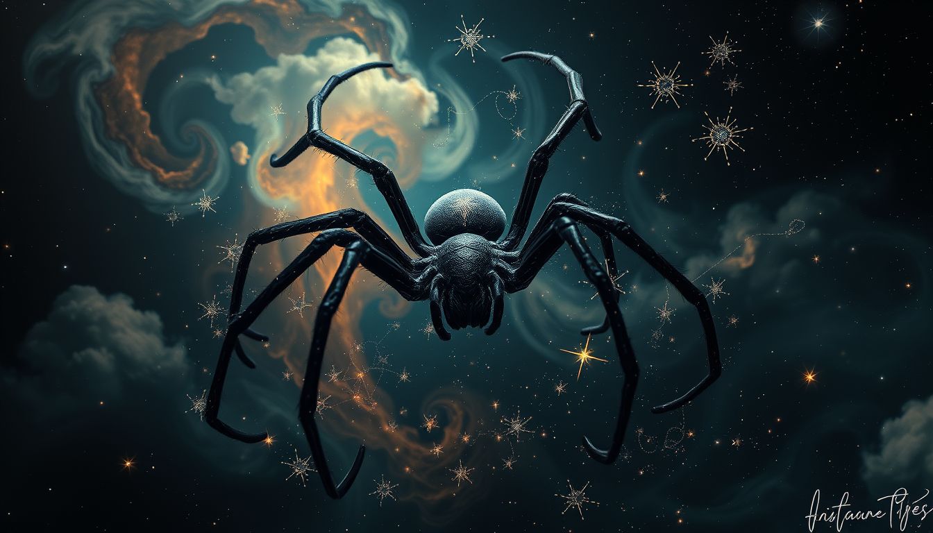 Eine schwarze Spinne symbolisiert oft tiefgreifende persönliche Transformationen.