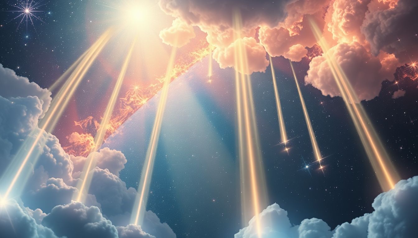 Mehrere Lichtstrahlen symbolisieren göttliche Botschaften und spirituelle Erleuchtung.