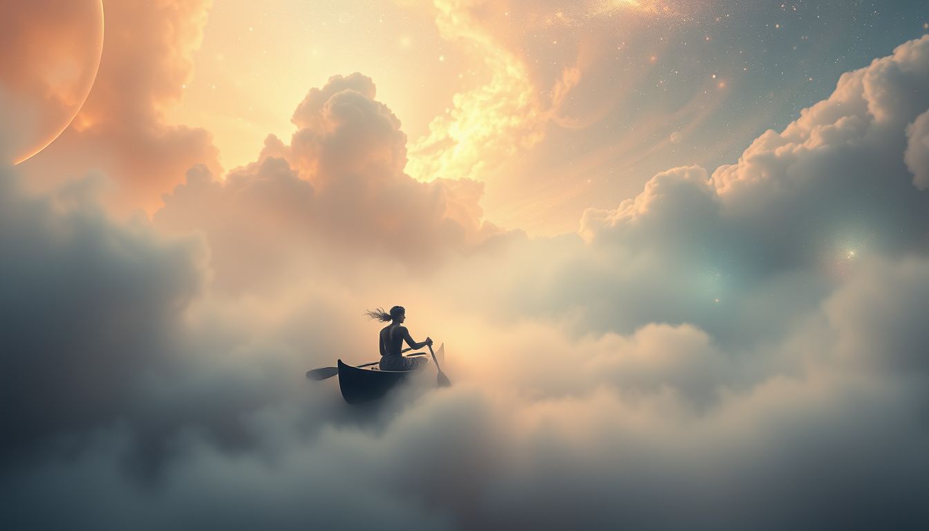 Im Nebel zu rudern symbolisiert Unsicherheit und innere Suche.