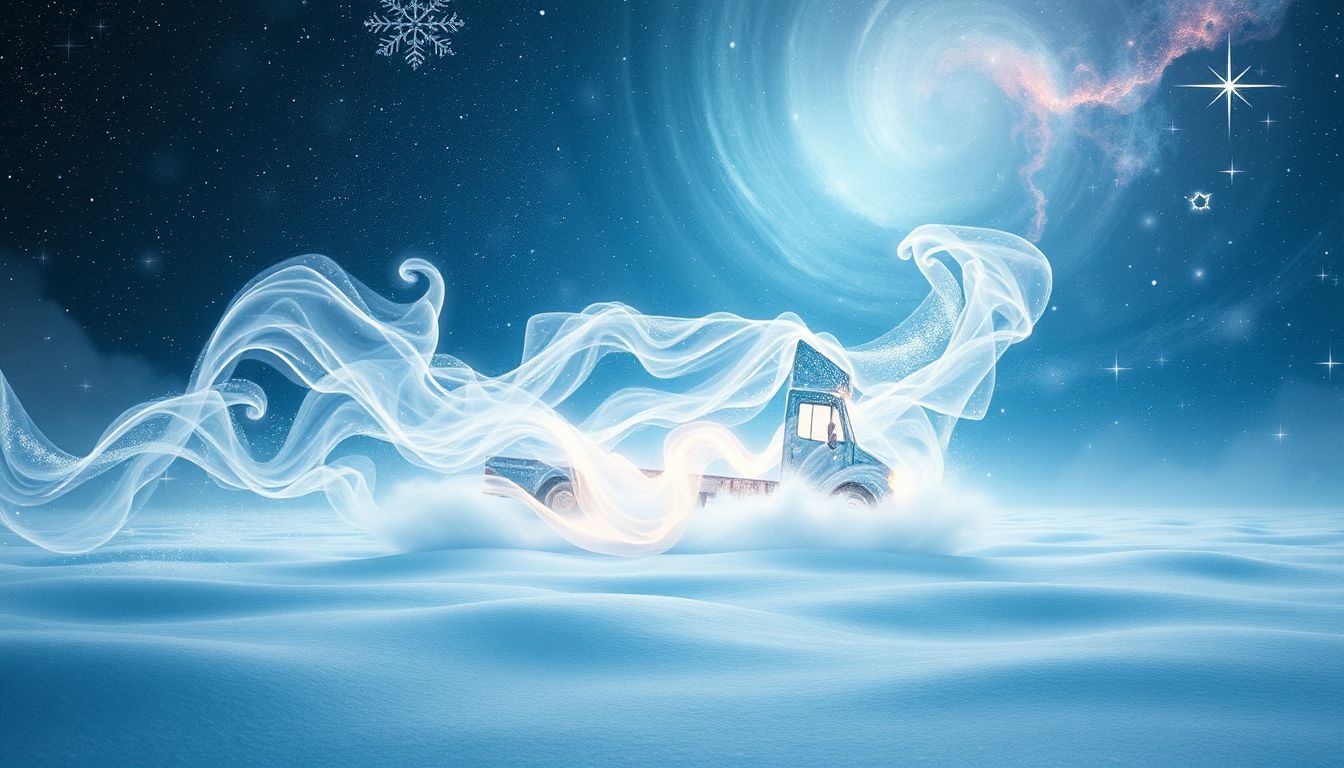 Ein Umzugswagen im Schnee symbolisiert Neuanfang trotz schwieriger Bedingungen.