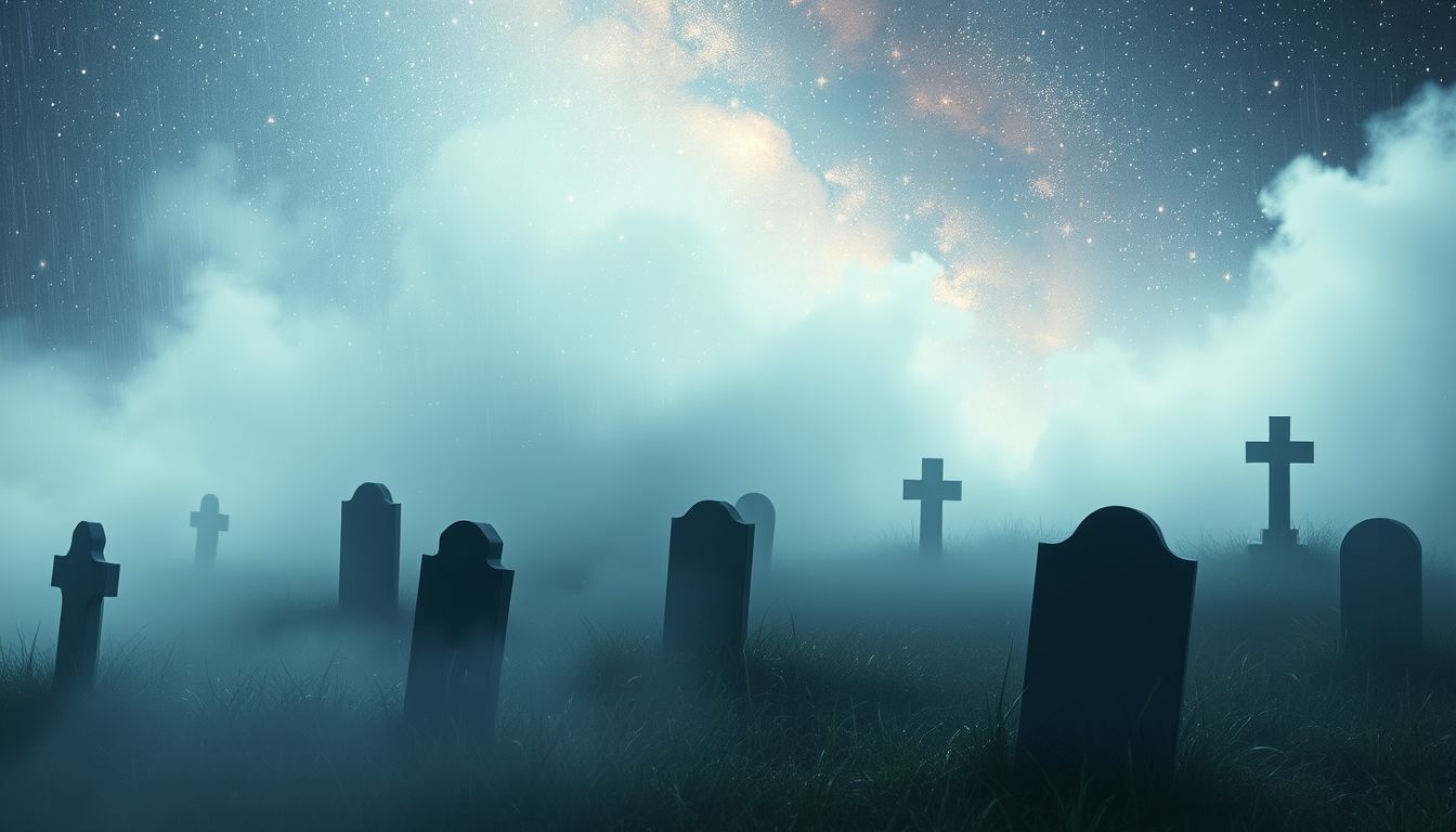 Regen auf Friedhof symbolisiert Trauer und seelisches Loslassen.