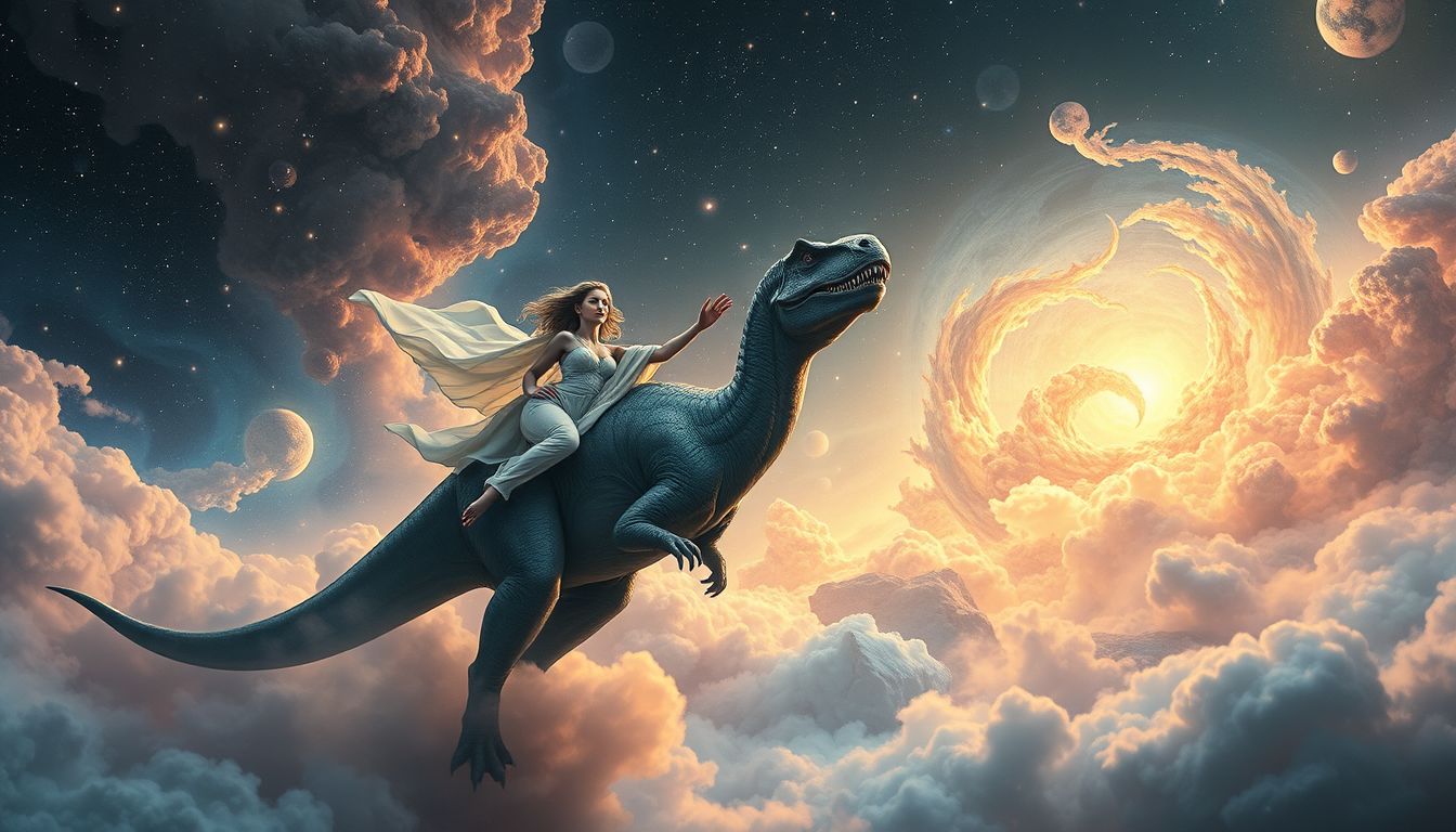 Einen Dinosaurier reiten symbolisiert Macht über uralte Herausforderungen.