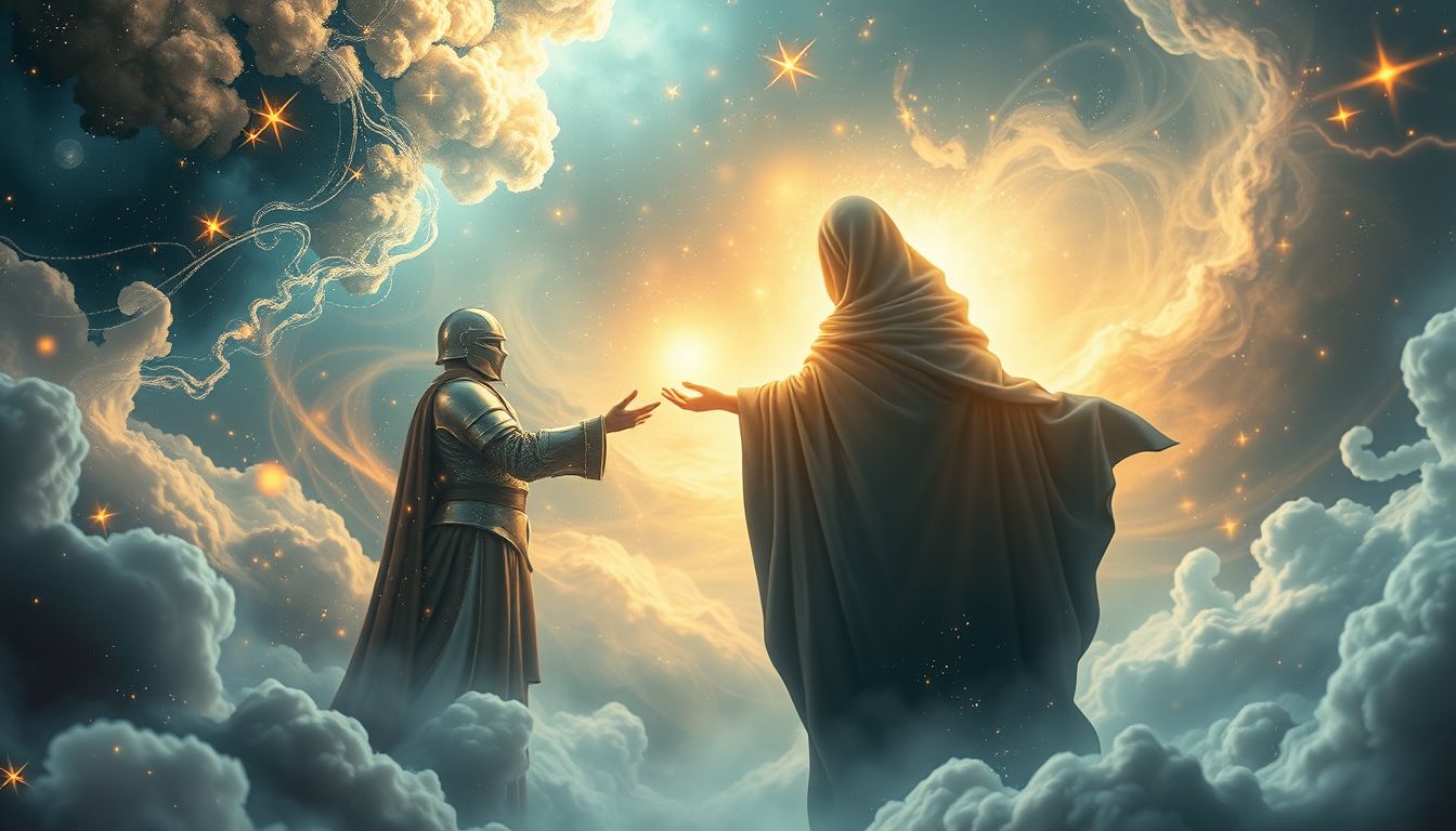 Ein Ritter, der einem Armen hilft, symbolisiert Mut und Mitgefühl.