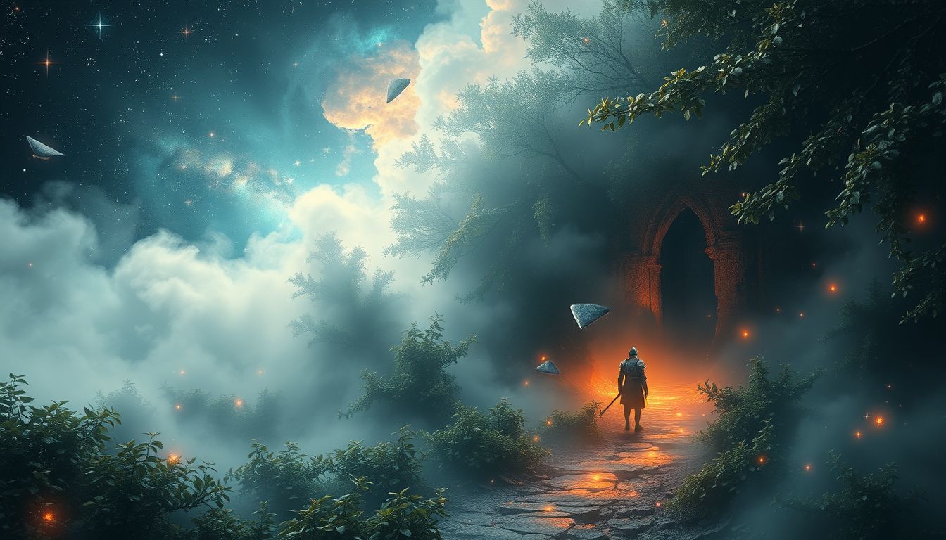 Ein verlorener Ritter im Wald symbolisiert innere Orientierungslosigkeit und Suche.