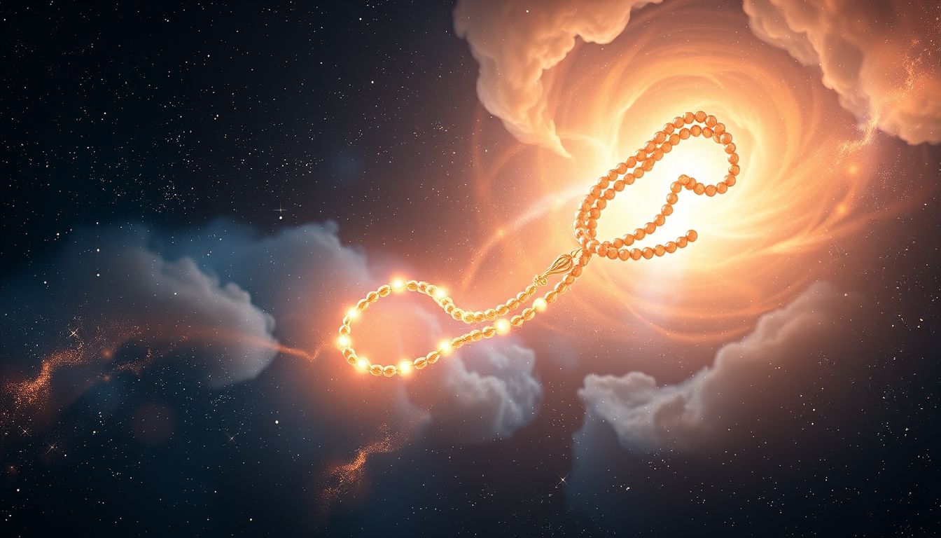 Ein leuchtender Rosenkranz symbolisiert göttlichen Schutz und Erleuchtung.