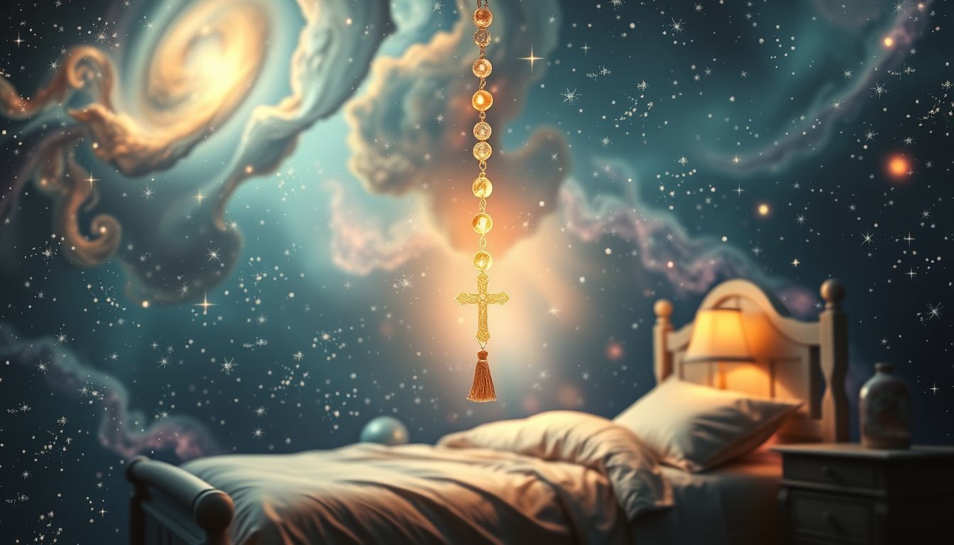 Ein Rosenkranz im Schlafzimmer symbolisiert spirituellen Schutz und Ruhe.