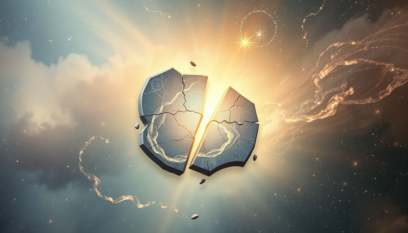 Ein Riss im Gemälde symbolisiert zerbrochene Hoffnungen und Vergänglichkeit.