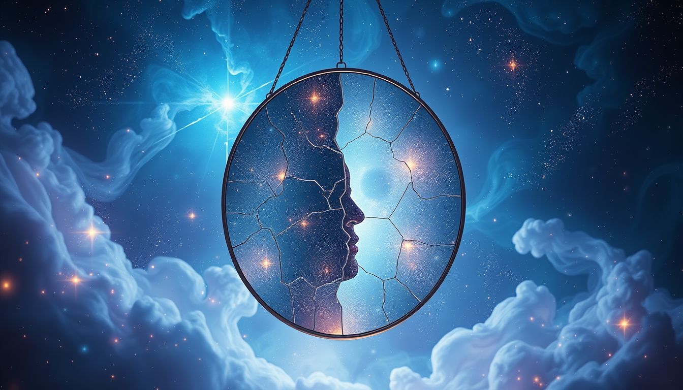 Ein Riss im Spiegel symbolisiert innere Konflikte und Selbstzweifel.
