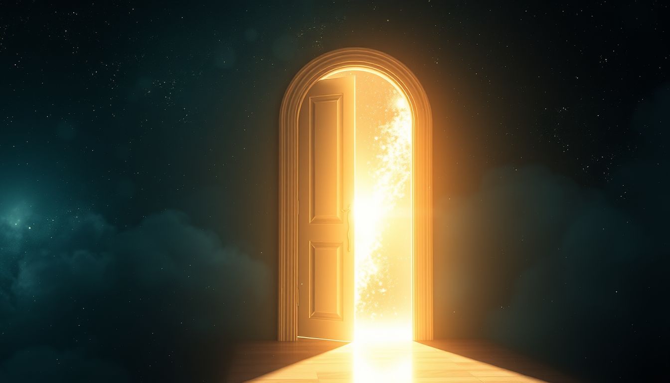 Eine Spalte in der Tür symbolisiert verborgene Chancen und Ängste.