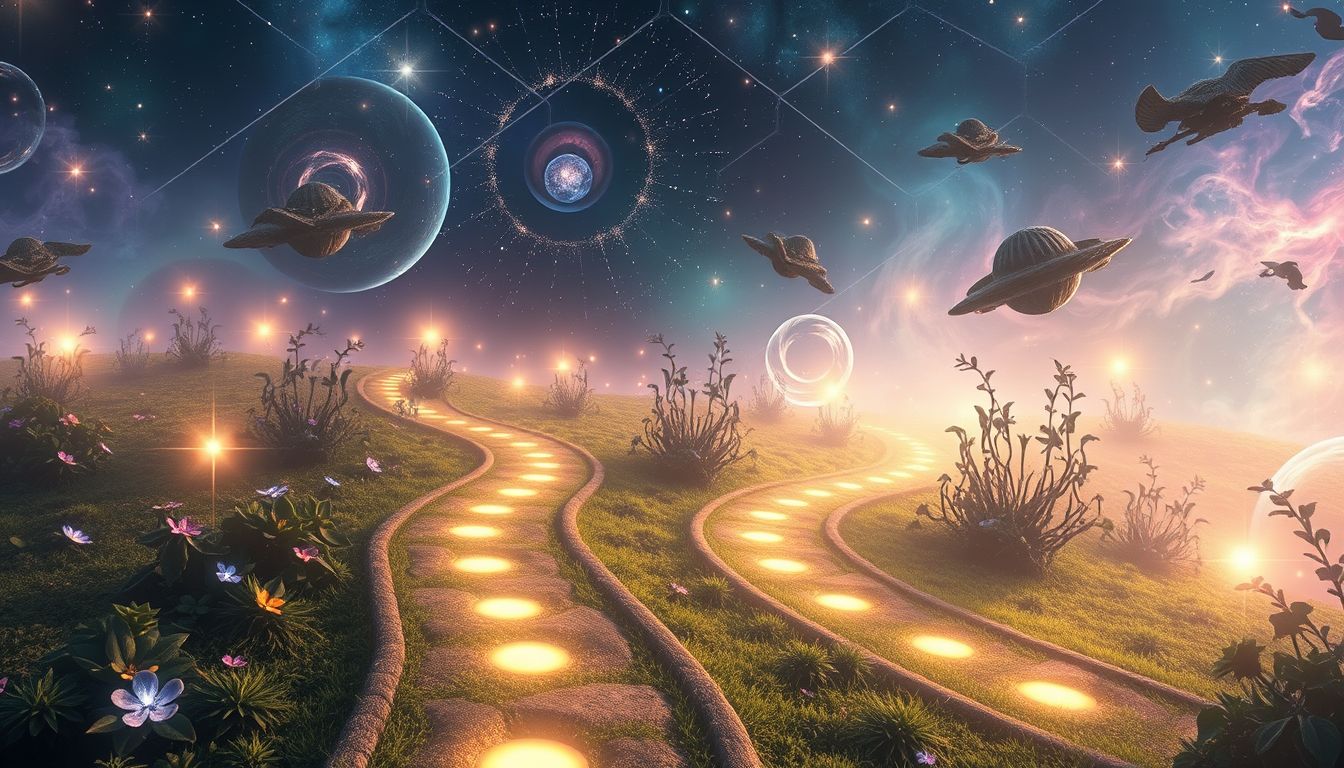 Traum 10 symbolisiert innere Harmonie durch parallele Wege im Garten.