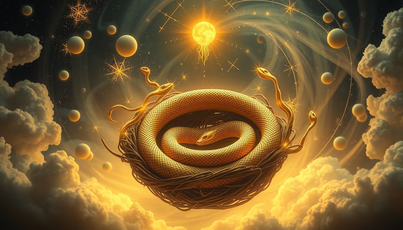Ein goldenes Schlangennest symbolisiert verborgenen Reichtum und Transformation.