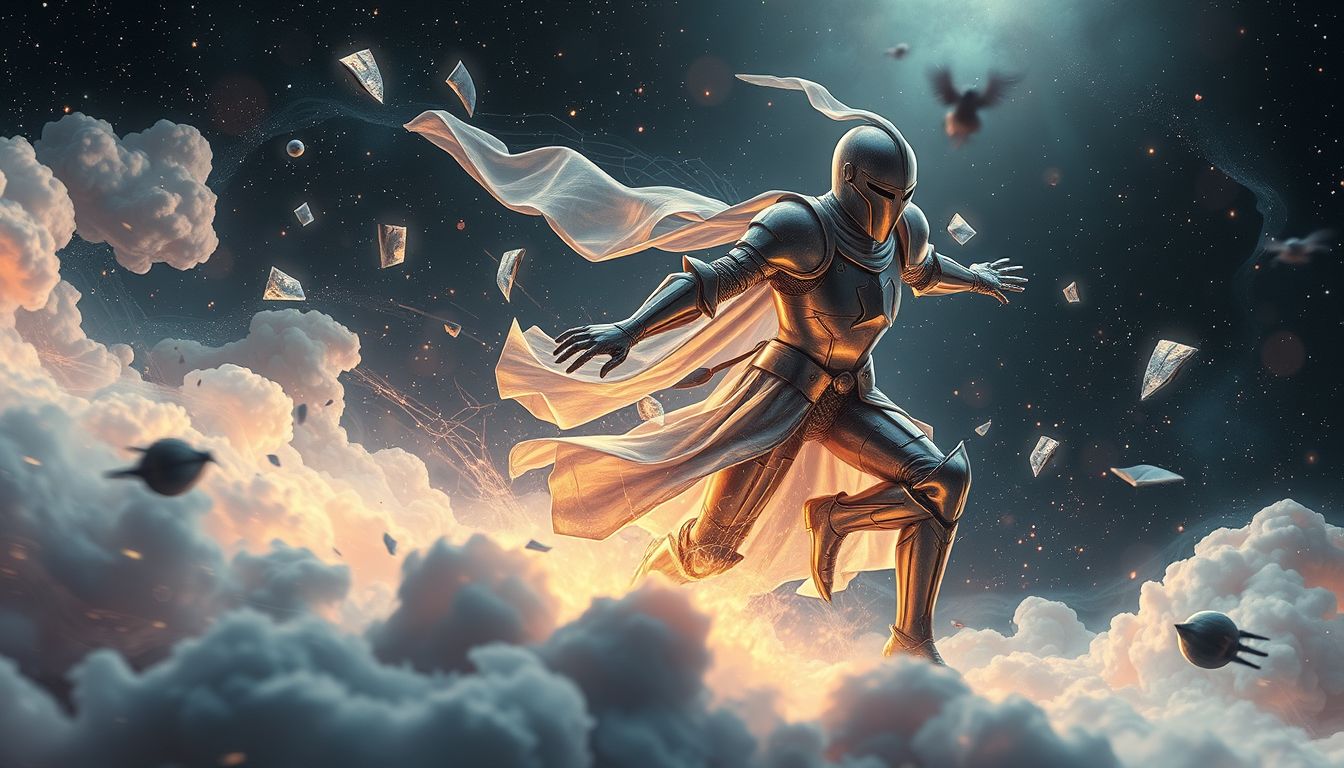 Verfolgt von Ritter-Rüstung symbolisiert innere Konflikte und Ängste.