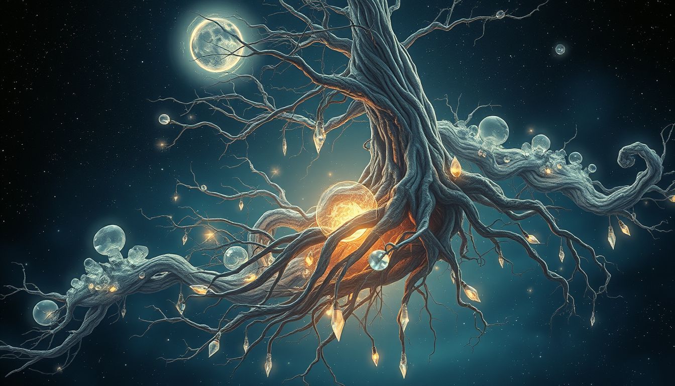 Wurzeln mit Kristallen symbolisieren spirituelle Verbindung und innere Stärke.