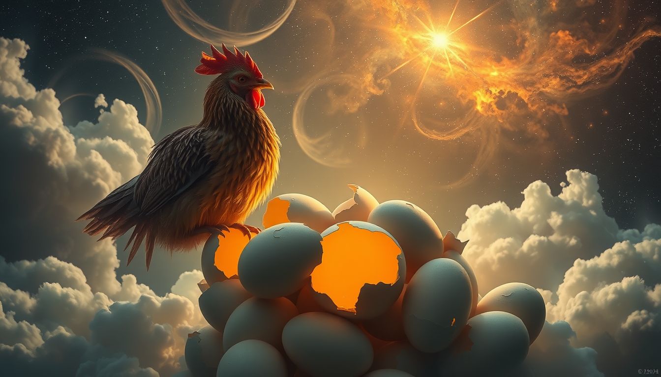 Eine Bruthenne auf zerbrochenen Eiern symbolisiert zerbrechliche Hoffnungen.