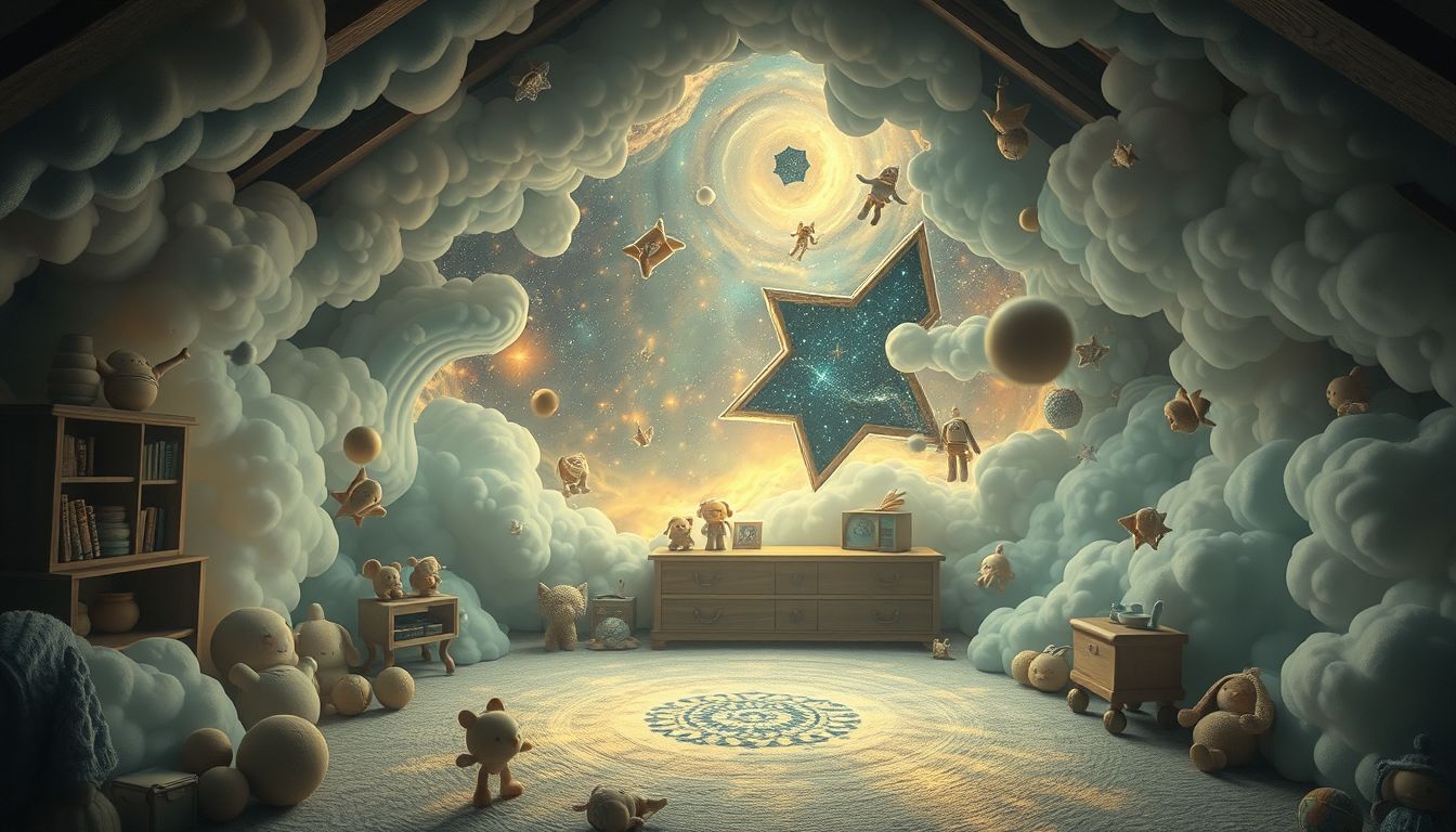 Eine Dachstube voller Spielzeug symbolisiert verlorene Kindheit und Nostalgie.