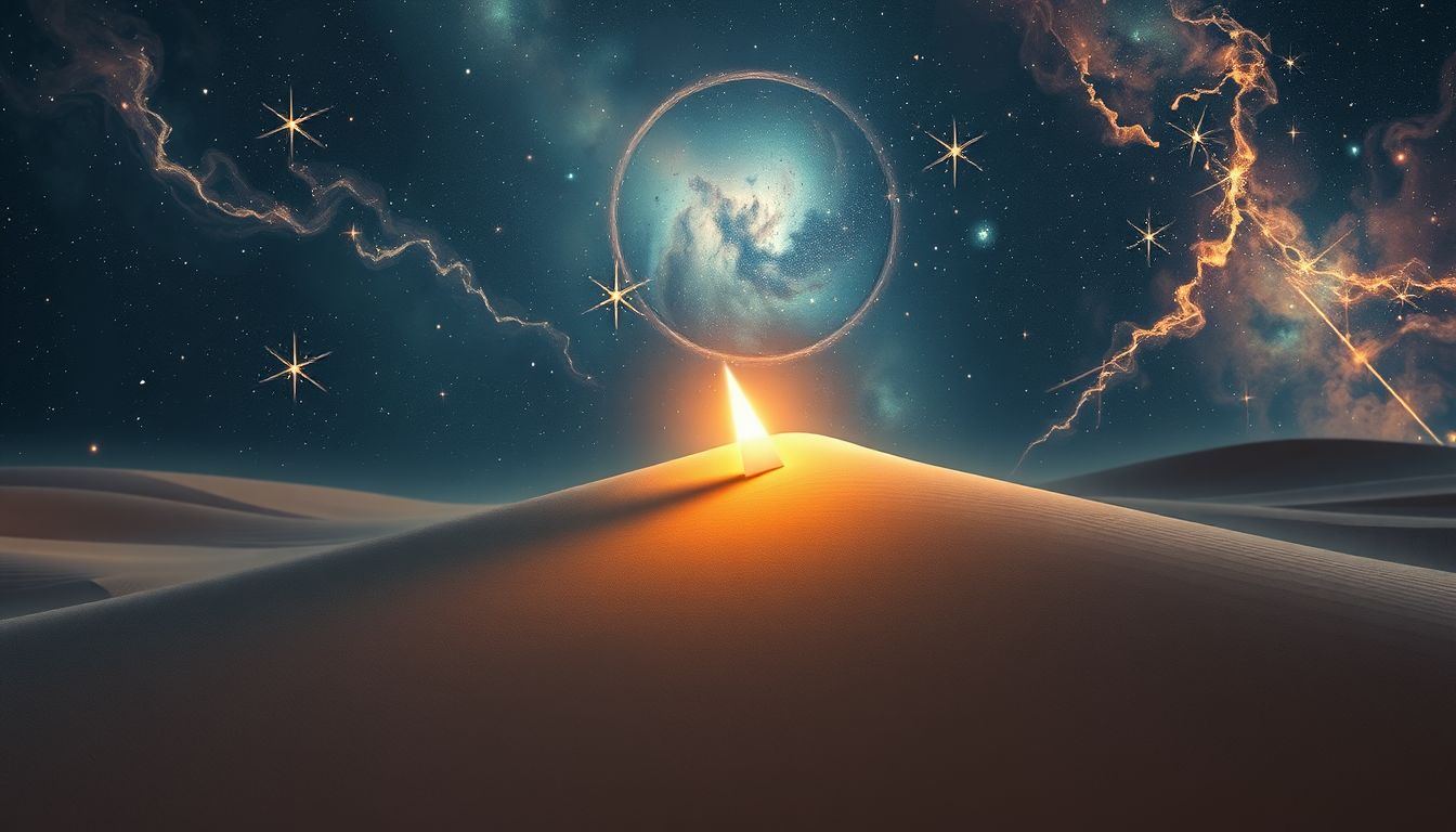 Ein Zeiger im Sand symbolisiert vergängliche Zeit und Veränderungen.