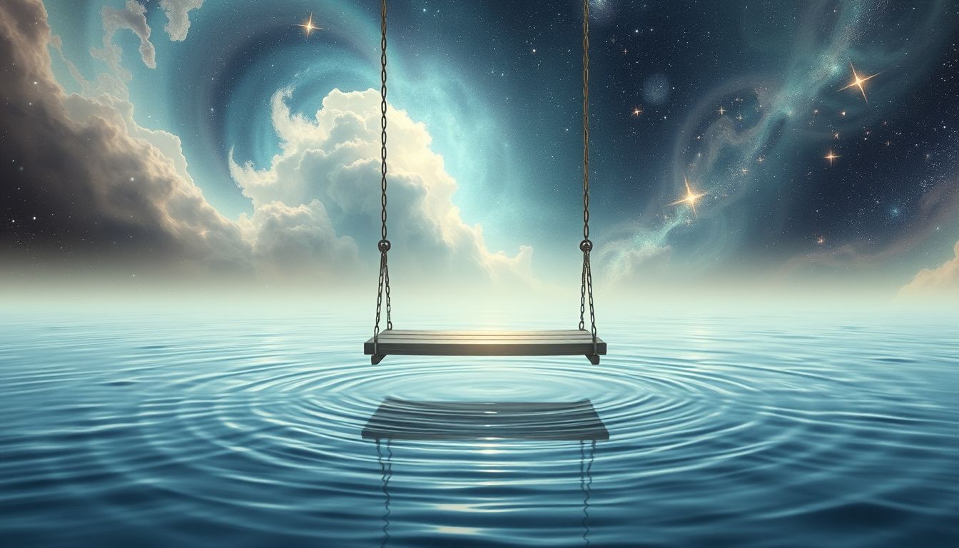 Eine Schaukel im Wasser symbolisiert emotionale Balance und Loslassen.