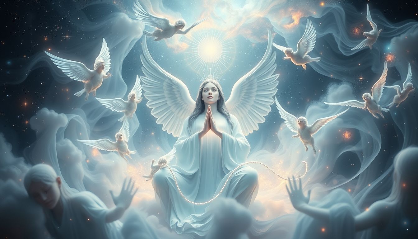 Ein Religionsgründer mit Engeln symbolisiert göttlichen Schutz und Führung.