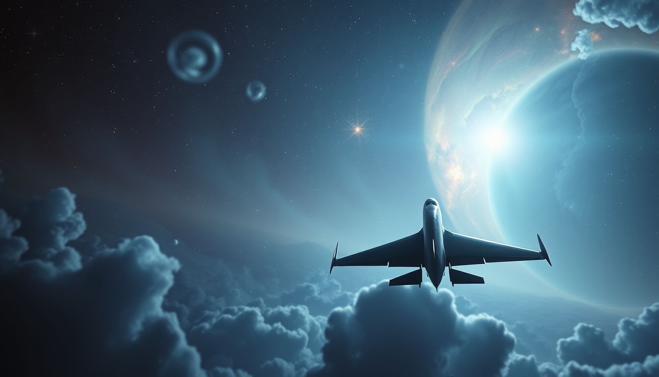 Ein Düsenflugzeug aus der Ferne symbolisiert Sehnsucht nach Freiheit.