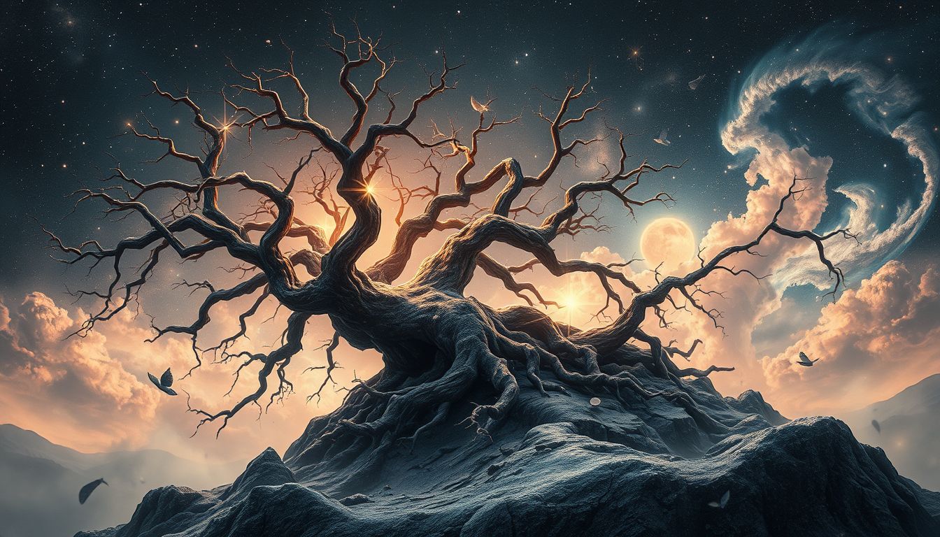Ein verrotteter Firstbaum symbolisiert innere Zersetzung und Verlust.