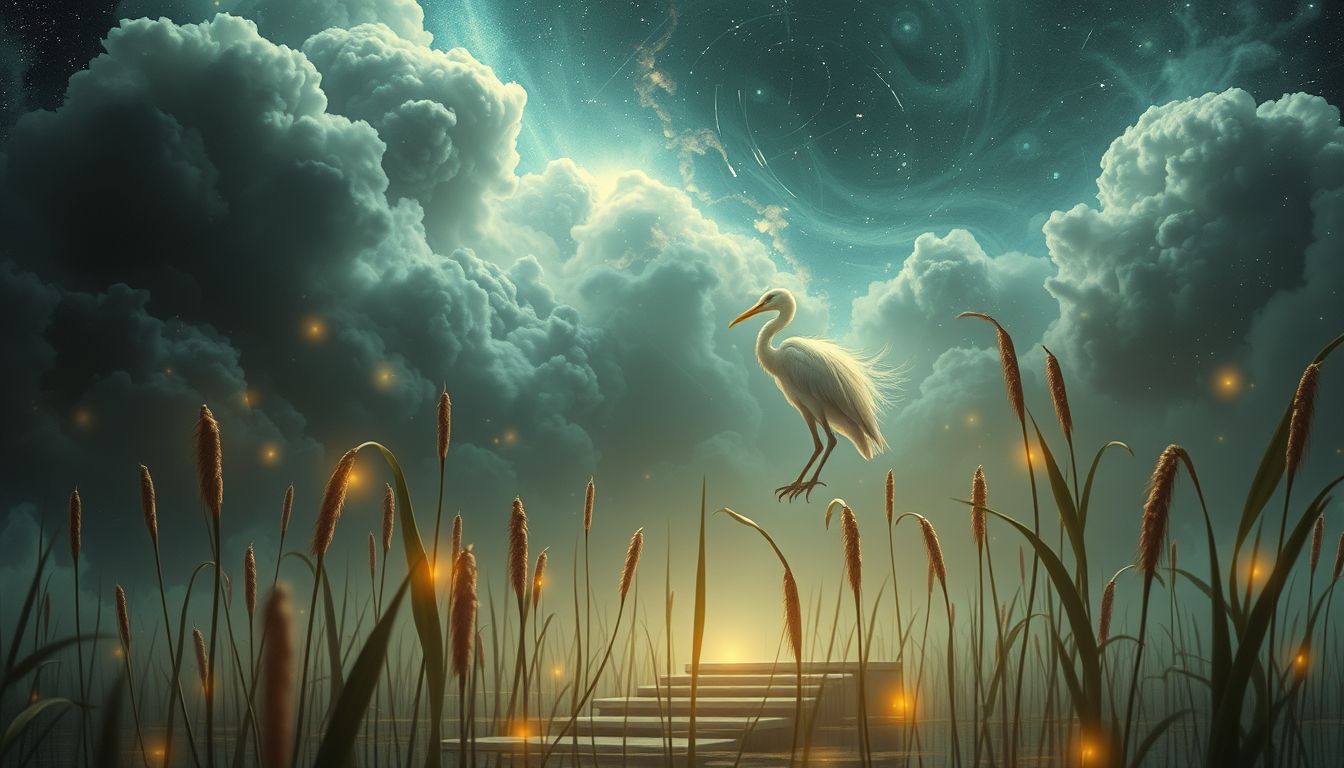 Der einsame Sumpfvogel symbolisiert Selbstfindung durch bewusste Isolation.