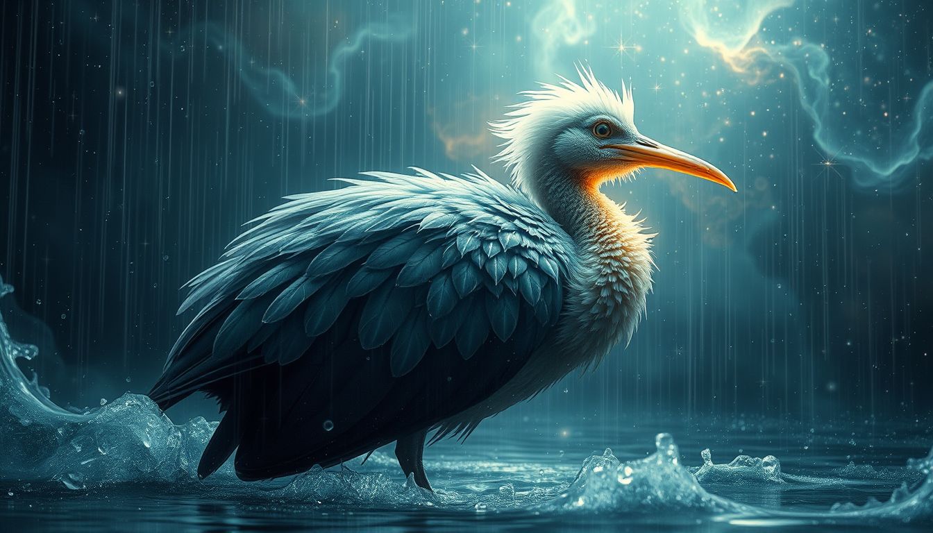 Ein Sumpfvogel im Regen symbolisiert tiefgreifende emotionale Reinigung.